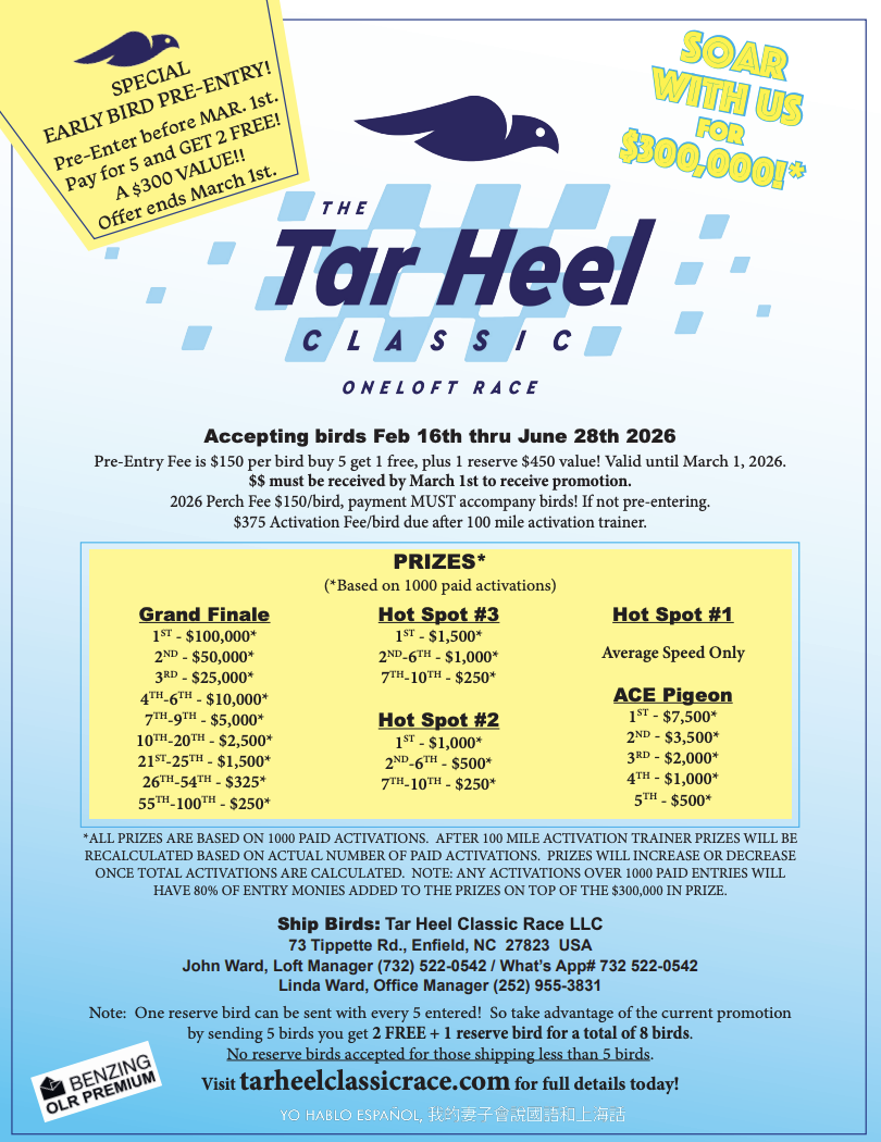 TARHEEL CLASSIC ONE LOFT RACE