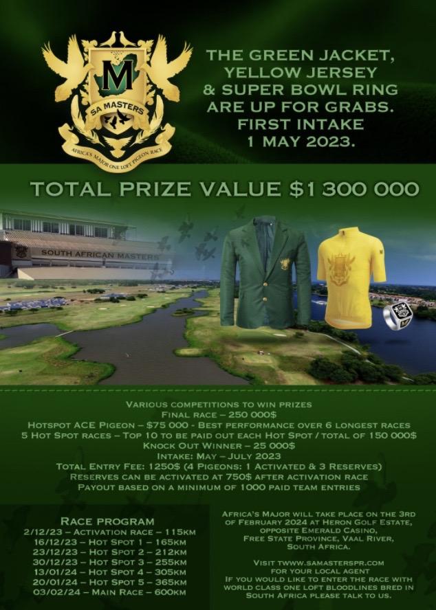 SA Masters One Loft Race-  The New Premier Million Dollar Race!